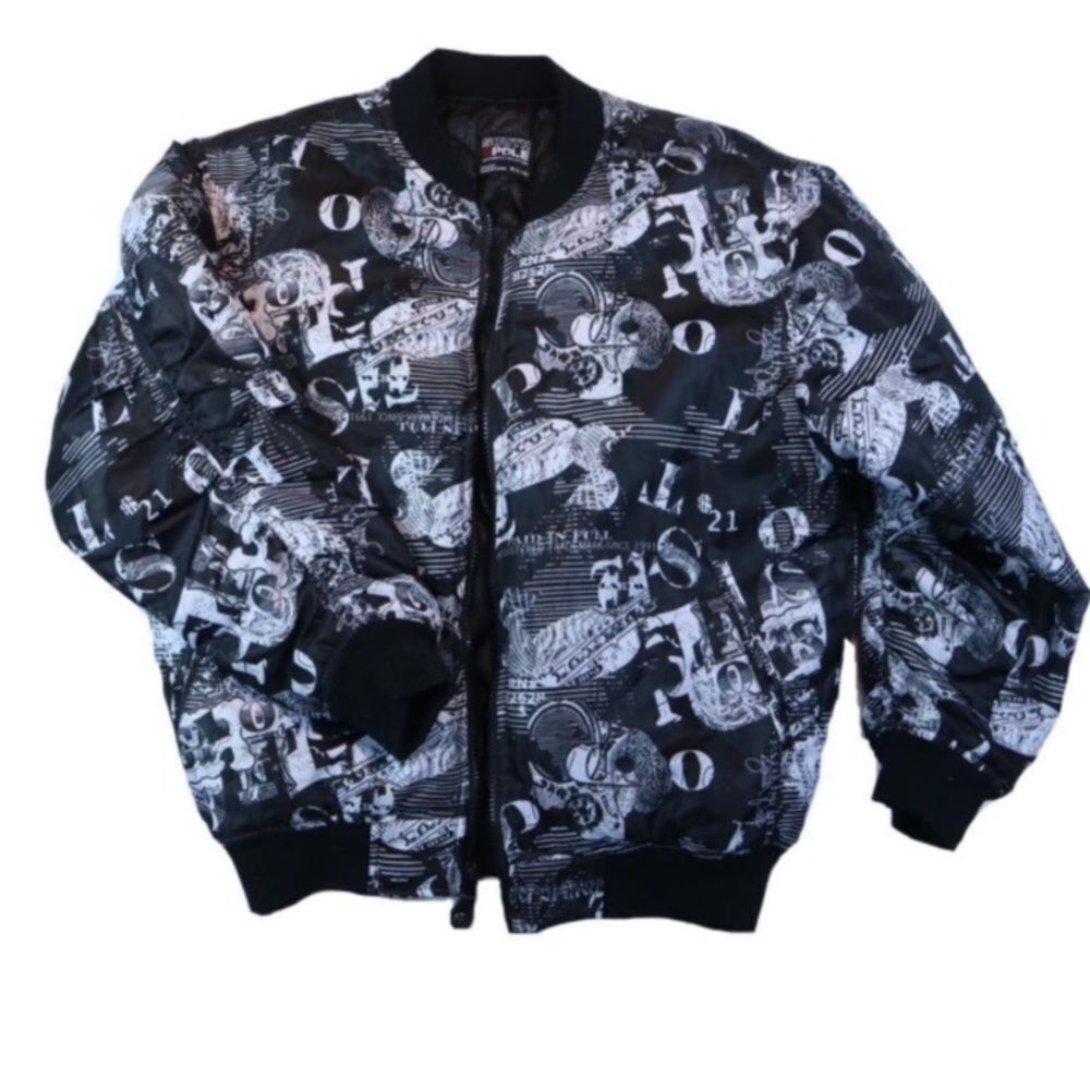South Pole Black and White Bomber Jacket with Retro Graphics. Sz, S 8-10)Unisex